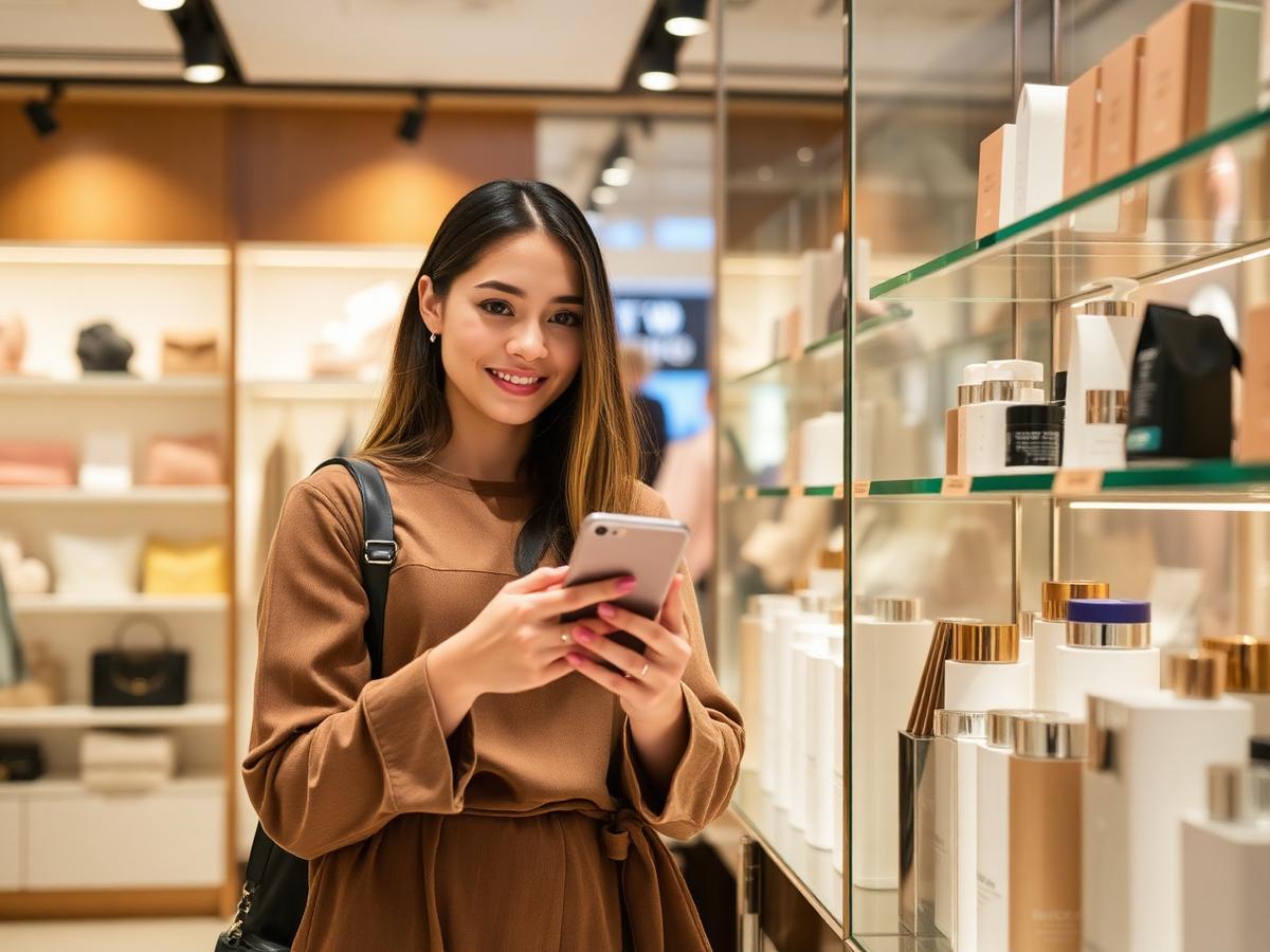 Retail associate holding a phone next to premium products on a shelf