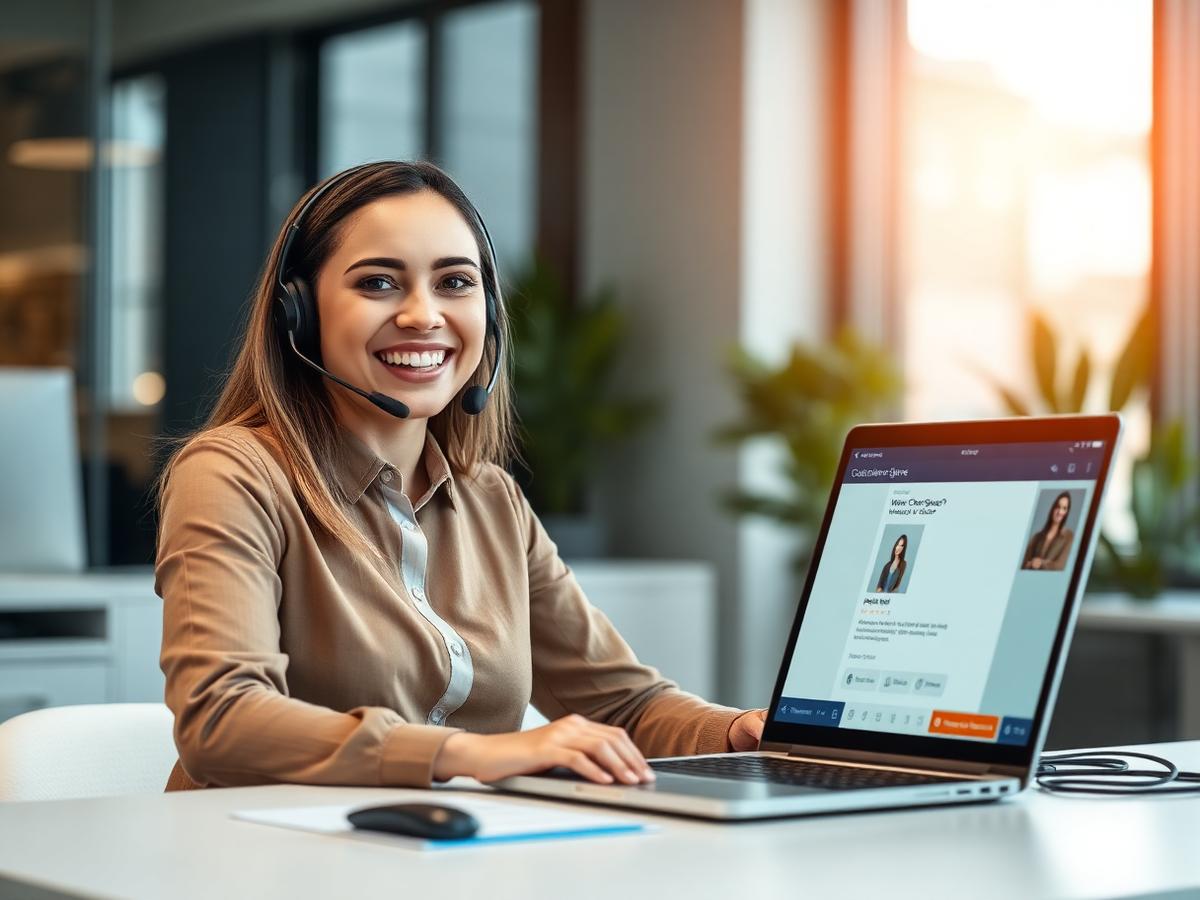 Customer support agent at a laptop showing a customer chat interface