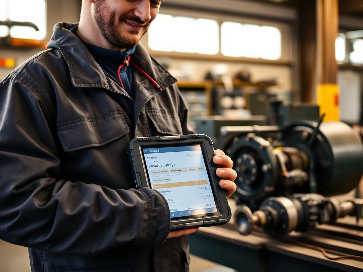 Field technician with a rugged tablet showing product service history