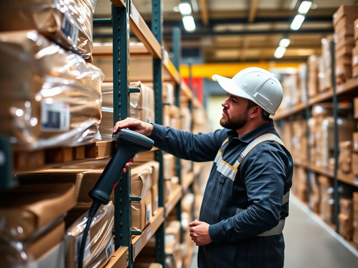 Warehouse operator scanning package labels on a shelf
