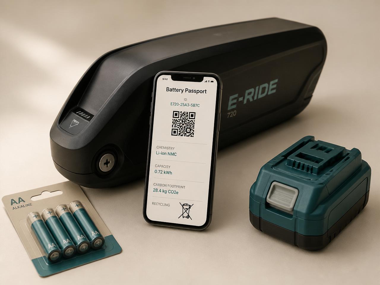 Consumer batteries, a cordless tool pack and an e-bike battery with a QR-labelled passport