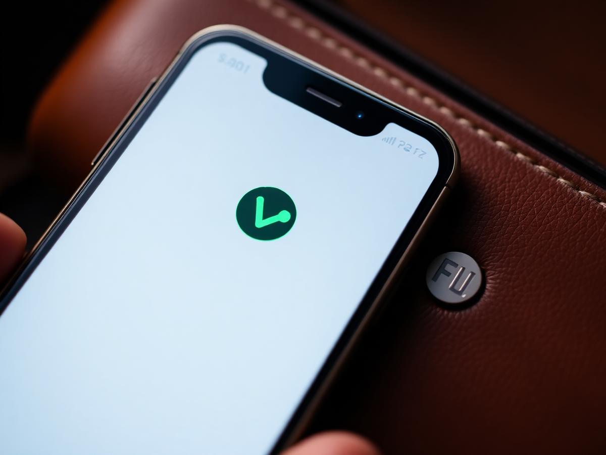 Smartphone tapping an NFC symbol on a leather product, screen glowing green