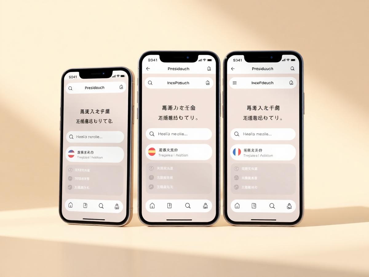 Three smartphones showing the same product portal in different languages