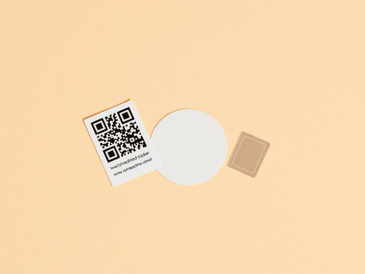 QR label, NFC sticker and RFID inlay side by side on a warm cream surface