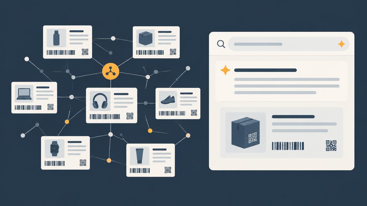 A structured catalogue of product records linked into a knowledge graph beside an AI answer panel citing one product