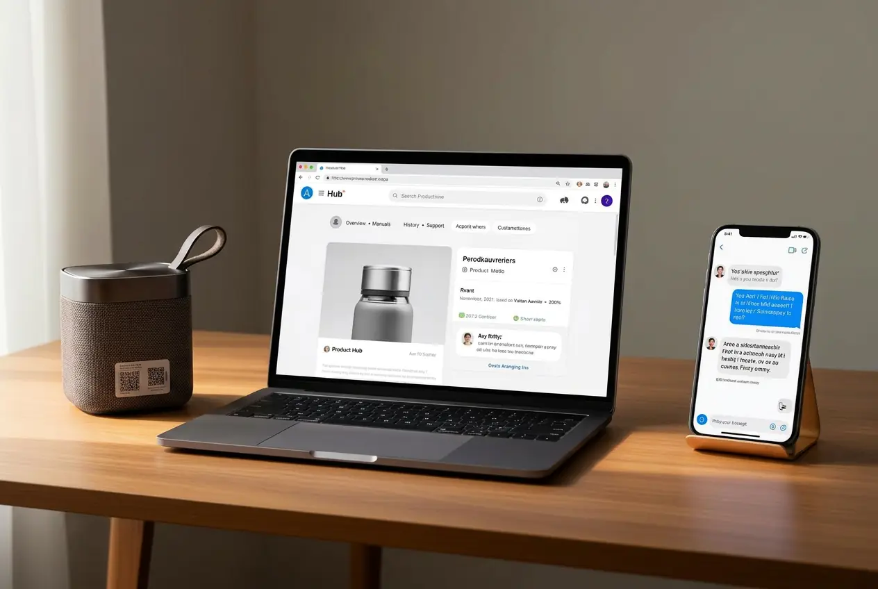 A product on a desk next to a laptop showing its Hub product page and a phone showing an AI assistant answering a question about it