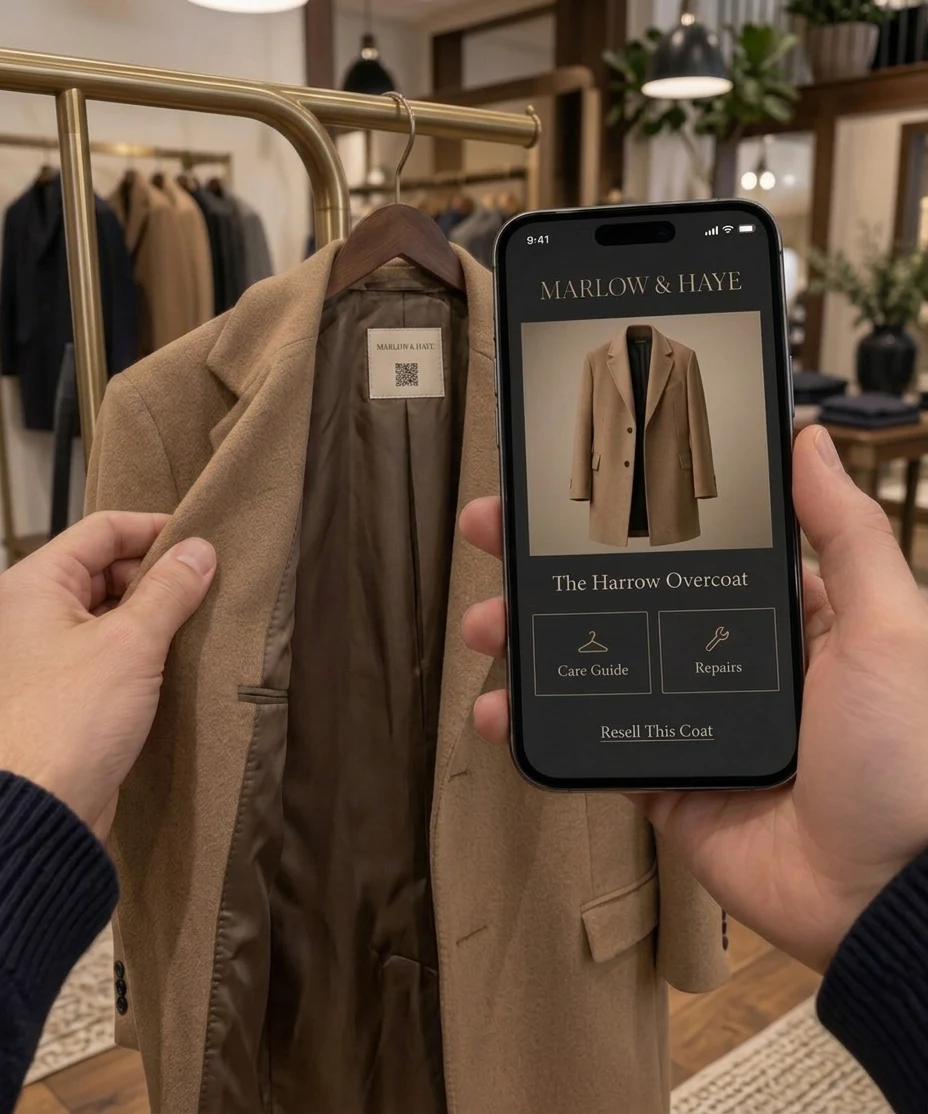 A hand holding a MARLOW & HAYE coat on a rail while scanning the code printed on its neck label