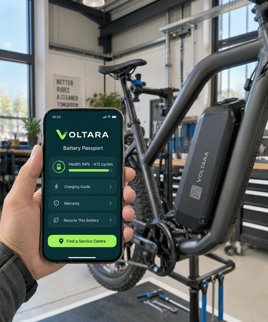 A rider scanning the code printed on a VOLTARA e-bike battery, with the battery passport on the phone