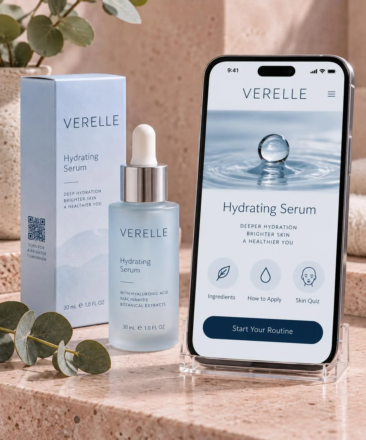 A VERELLE serum and carton with the code printed on the pack, beside a phone showing the brand's own page