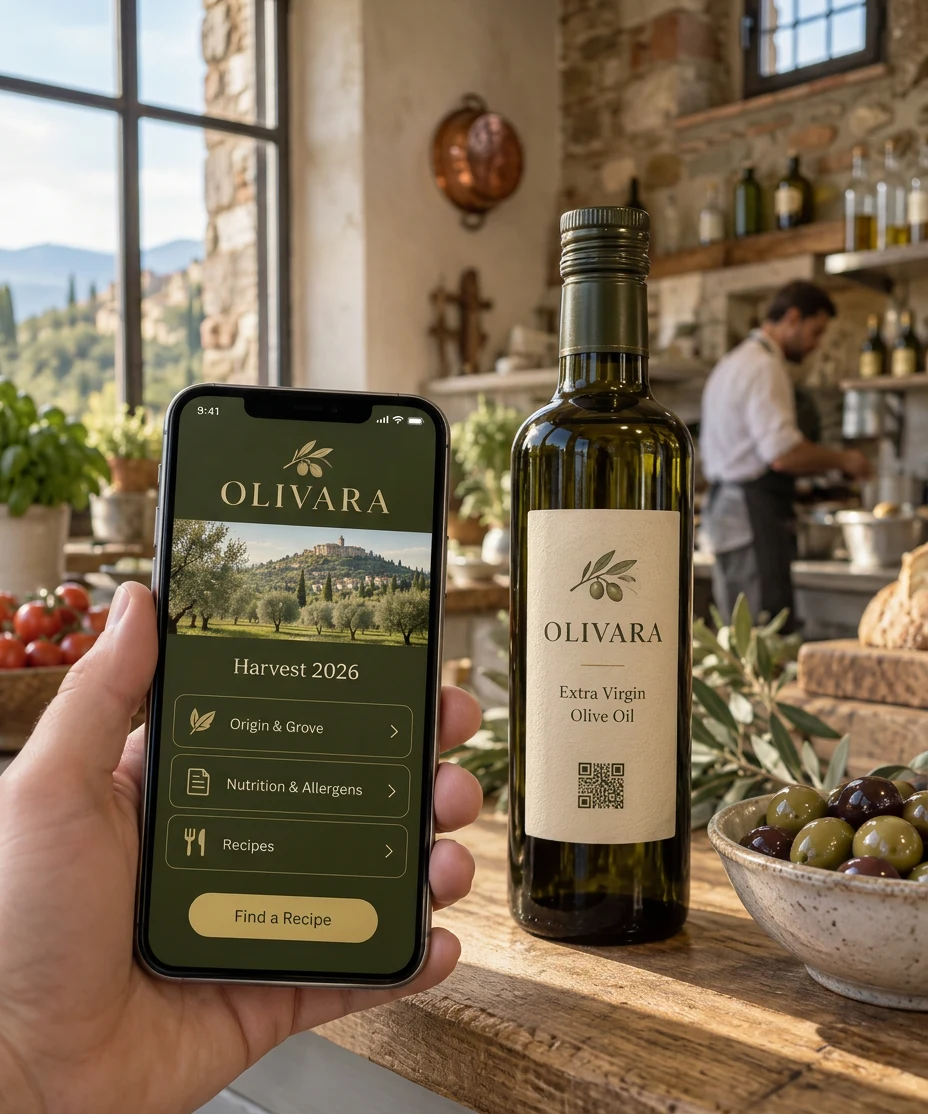 A hand scanning the code printed on an OLIVARA olive oil bottle, with the brand's own page on the phone