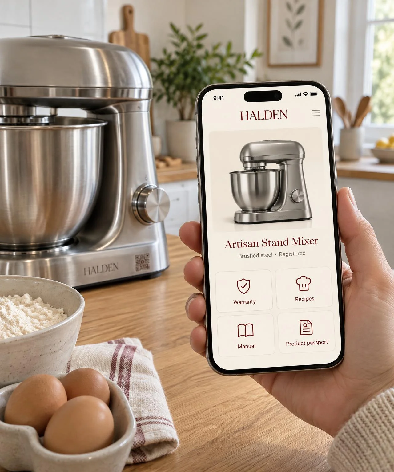 A hand scanning the code printed on a HALDEN stand mixer, with the brand's own page on the phone