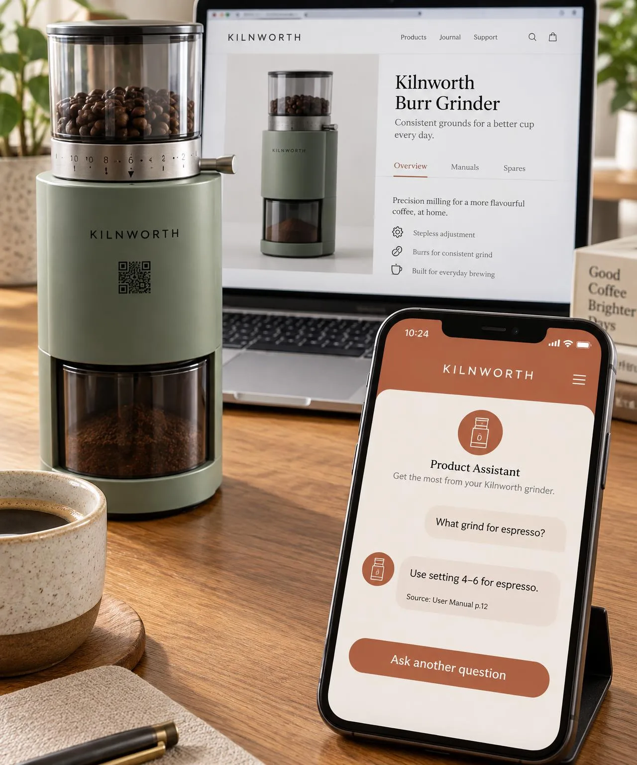 A KILNWORTH coffee grinder with its code printed on the body, beside a laptop and phone showing the brand's own product page