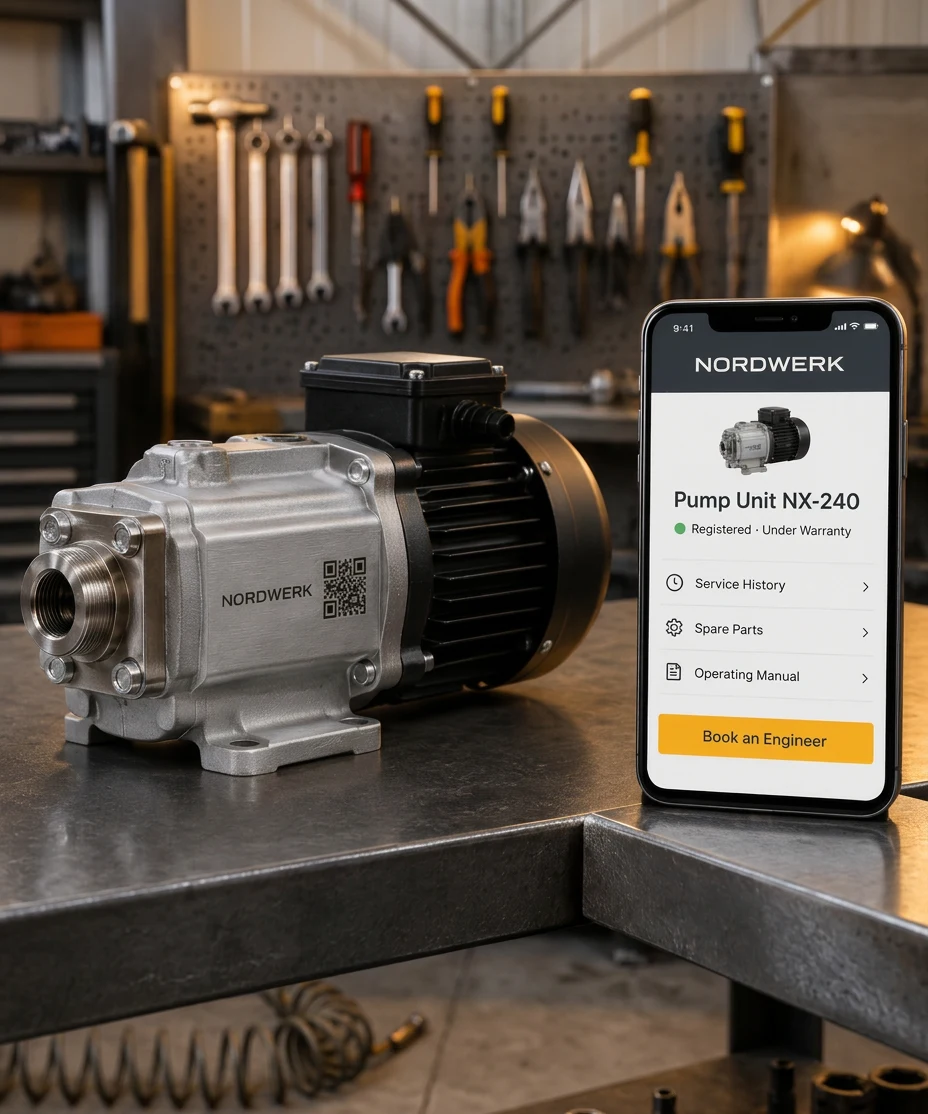 A NORDWERK gear pump with its code printed on the casing, beside a phone showing the maker's own service record