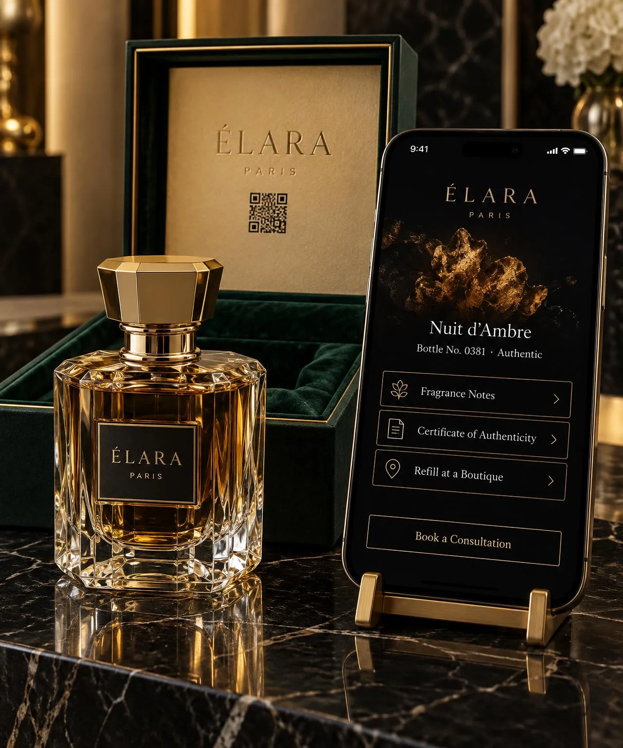 An ÉLARA PARIS perfume with its code printed on the box, beside a phone showing the brand's own page