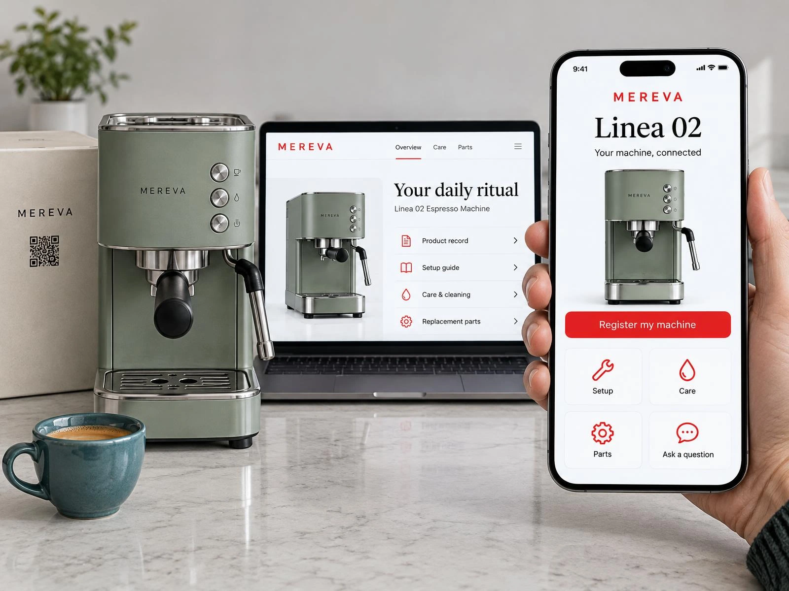 A MEREVA Linea 02 product with its code printed on the pack, beside a phone showing the brand's own Hub page