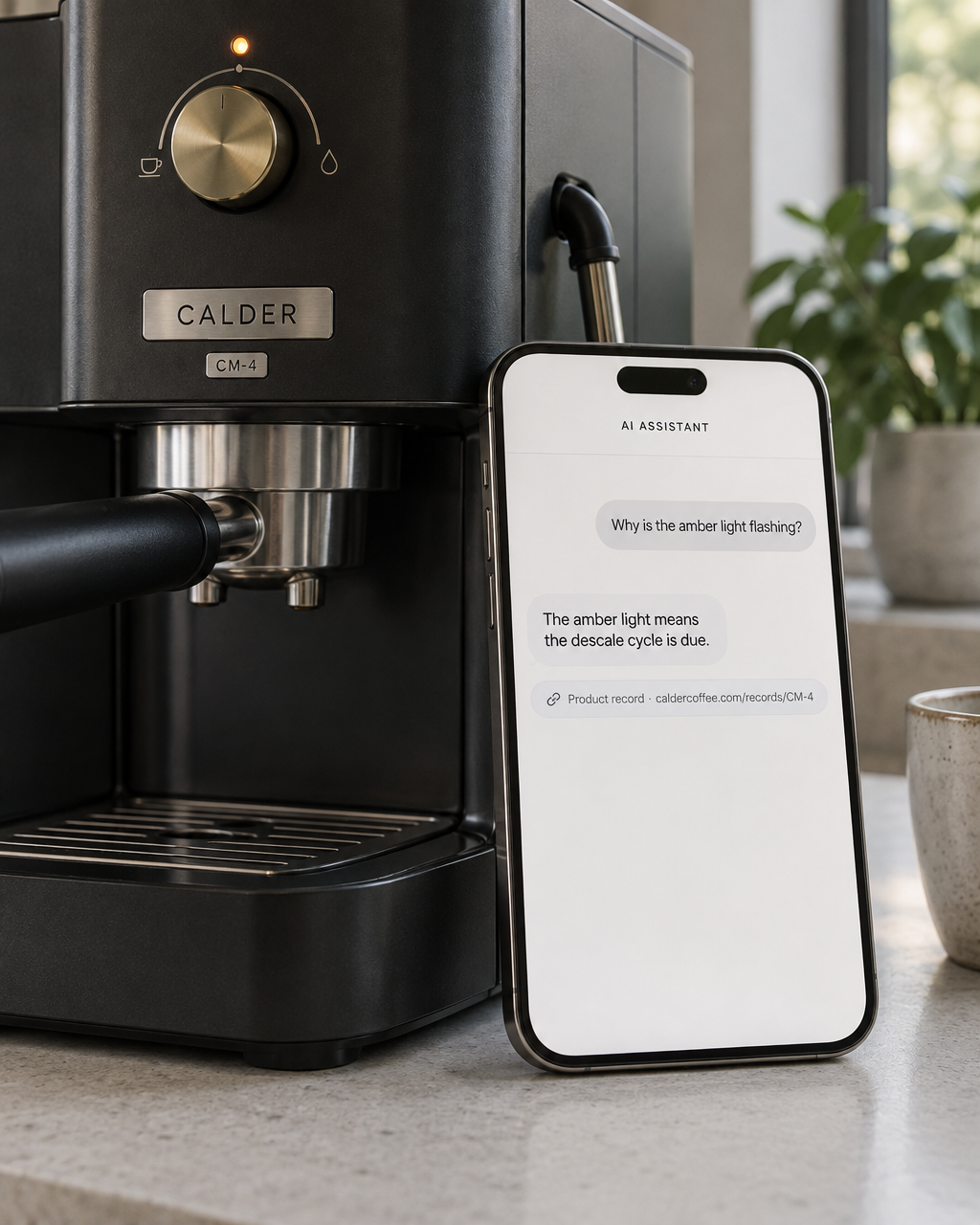 A phone leaning on a CALDER espresso machine, showing an assistant answer that cites the product record