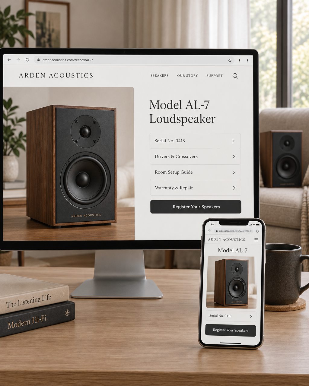 An ARDEN ACOUSTICS loudspeaker record open on a desktop monitor and a phone