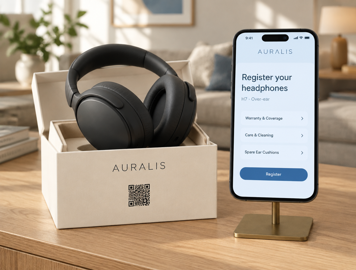 AURALIS headphones on their box beside a phone showing registration, warranty and care