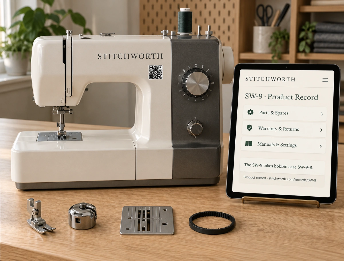 STITCHWORTH sewing machine and cleaned spare parts beside a tablet showing an answer sourced from its product record