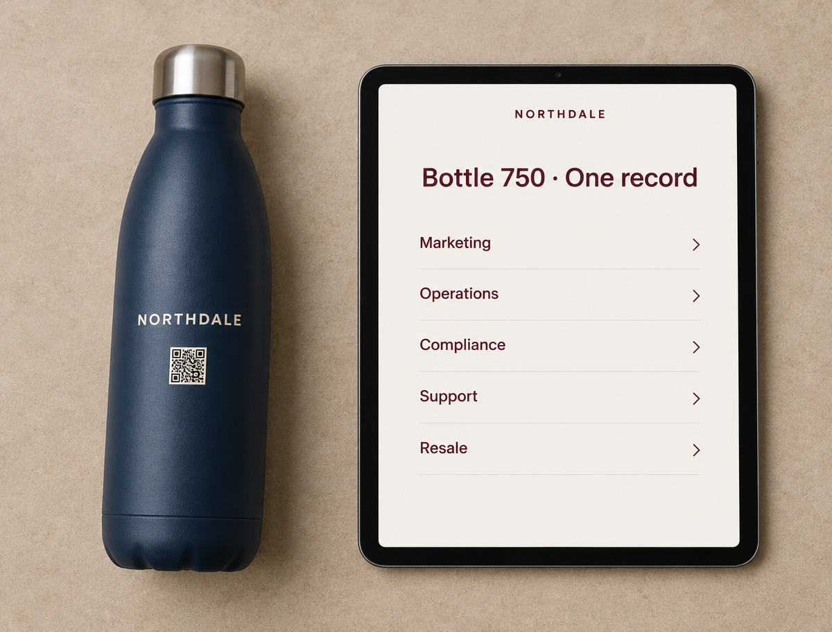 NORTHDALE bottle beside a tablet showing one shared record for marketing, operations, compliance, support and resale