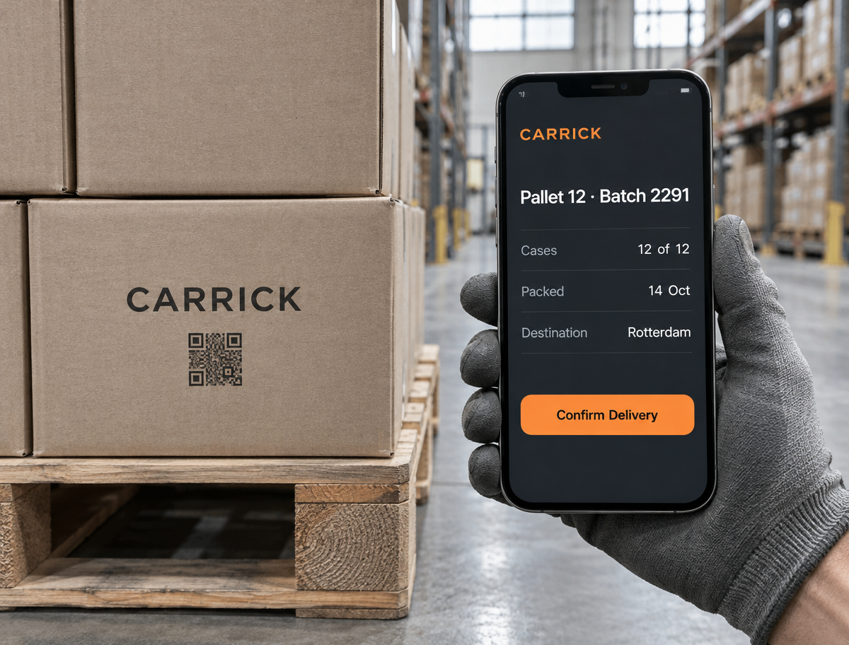 Gloved warehouse worker holding a CARRICK delivery record beside cases with a code printed on the front