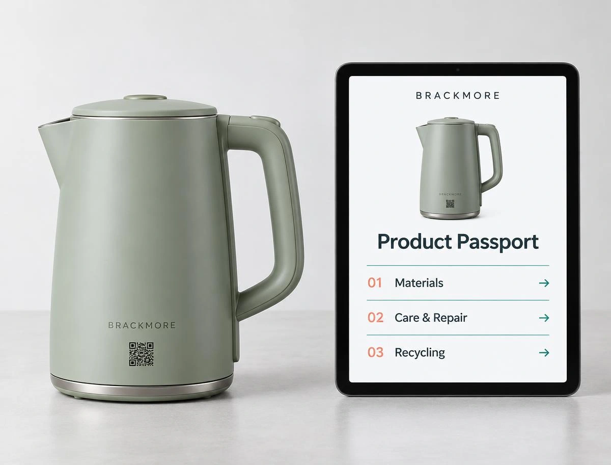 BRACKMORE kettle with a code printed on its body beside a tablet showing its product passport