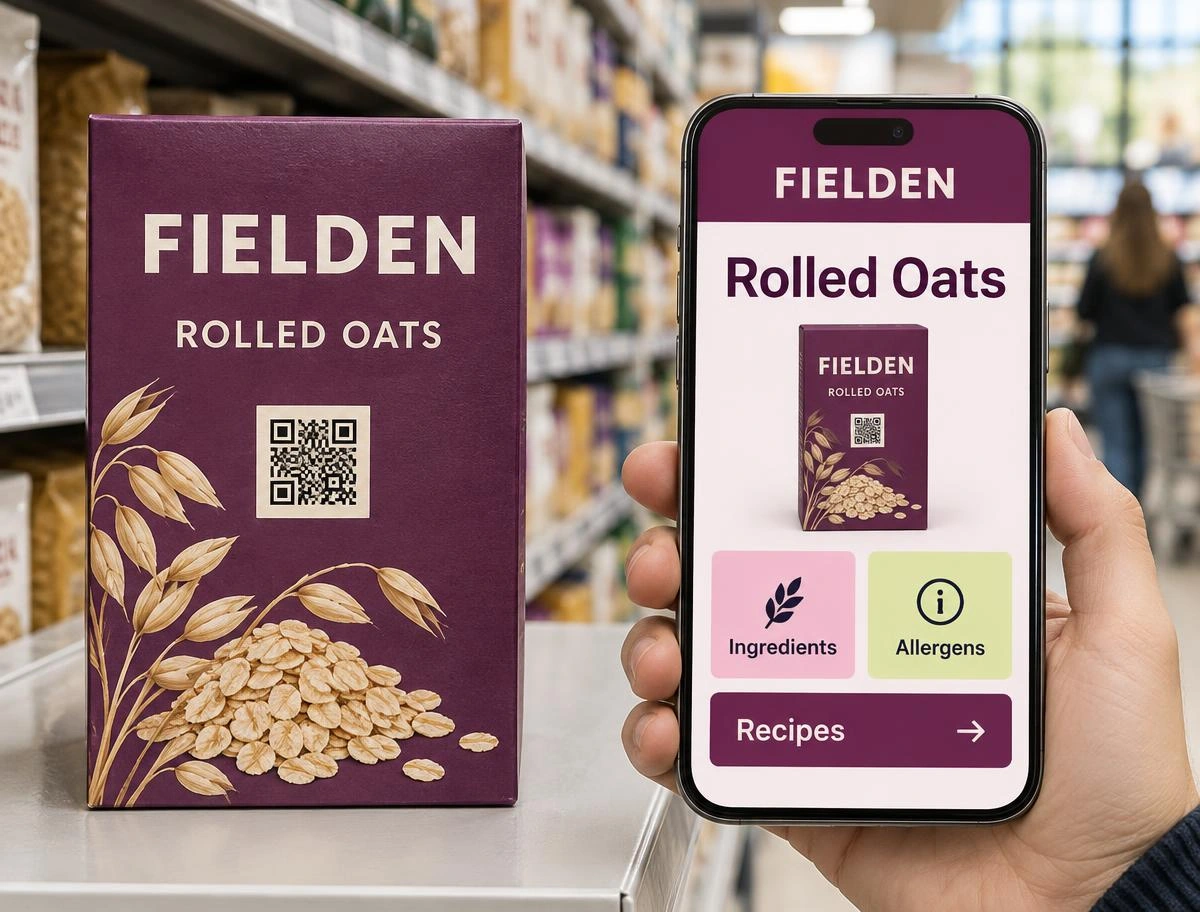 Shopper holding a phone showing FIELDEN product information beside rolled oats with a code printed on the pack