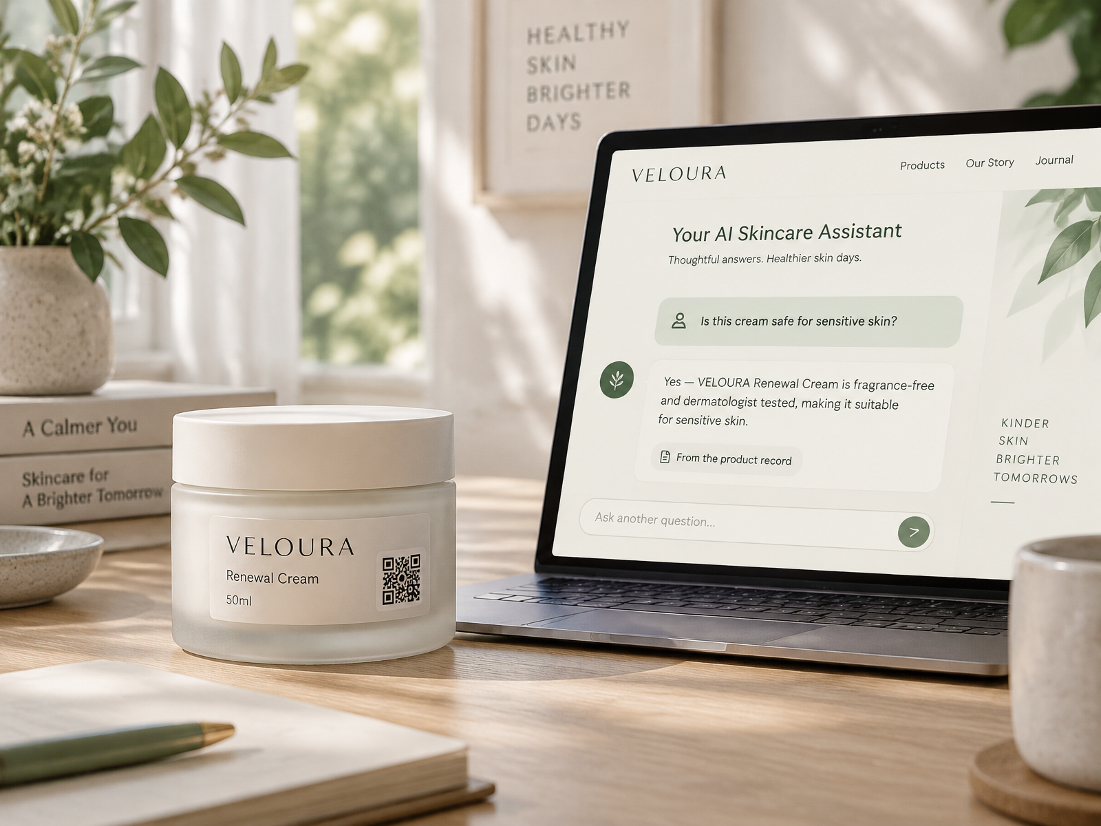 A VELOURA skincare jar with its code printed on the label, beside a laptop showing the brand's own AI assistant answering a customer question