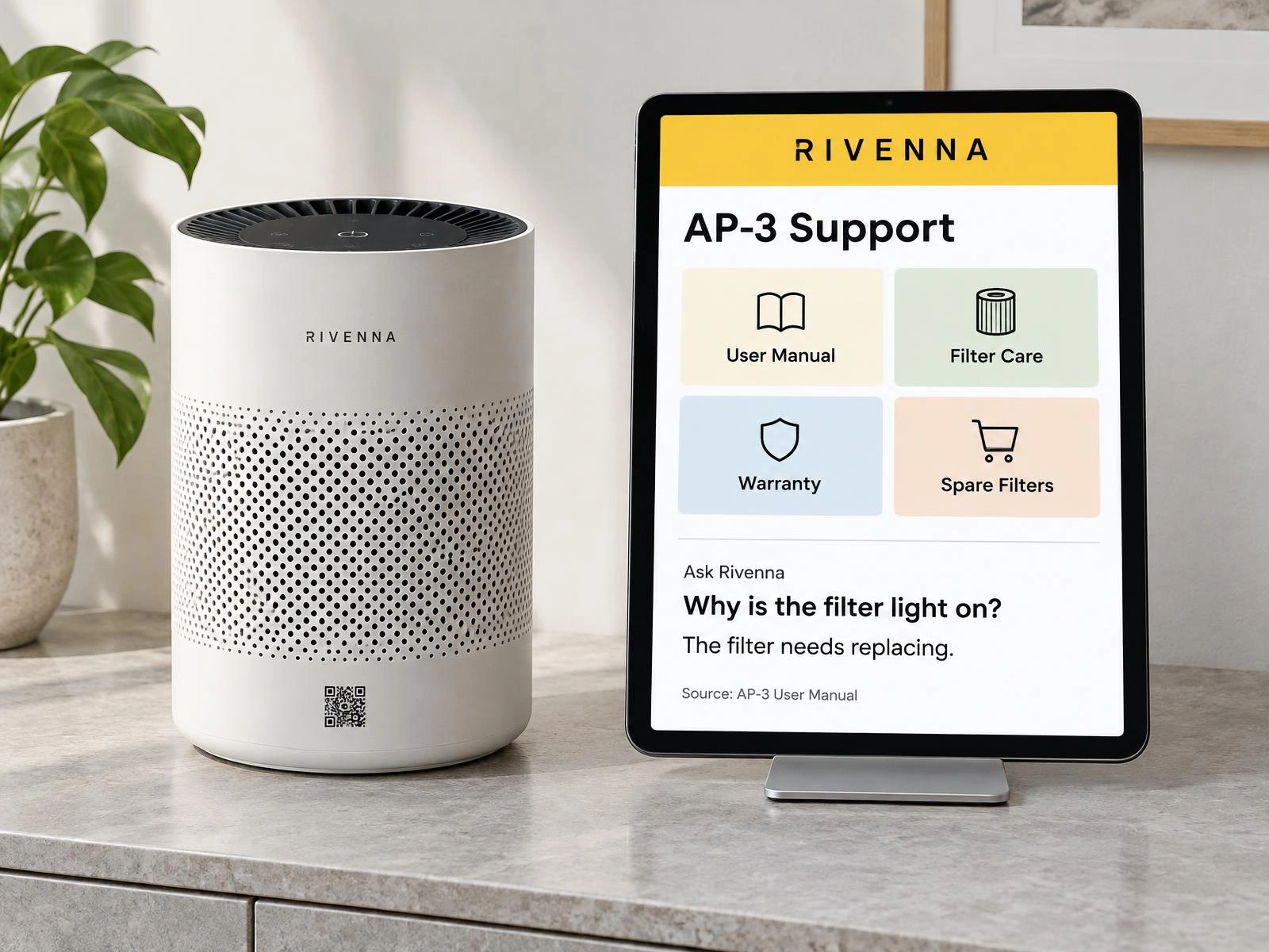 A RIVENNA air purifier with its code printed on the body, beside a tablet showing the brand's own support portal