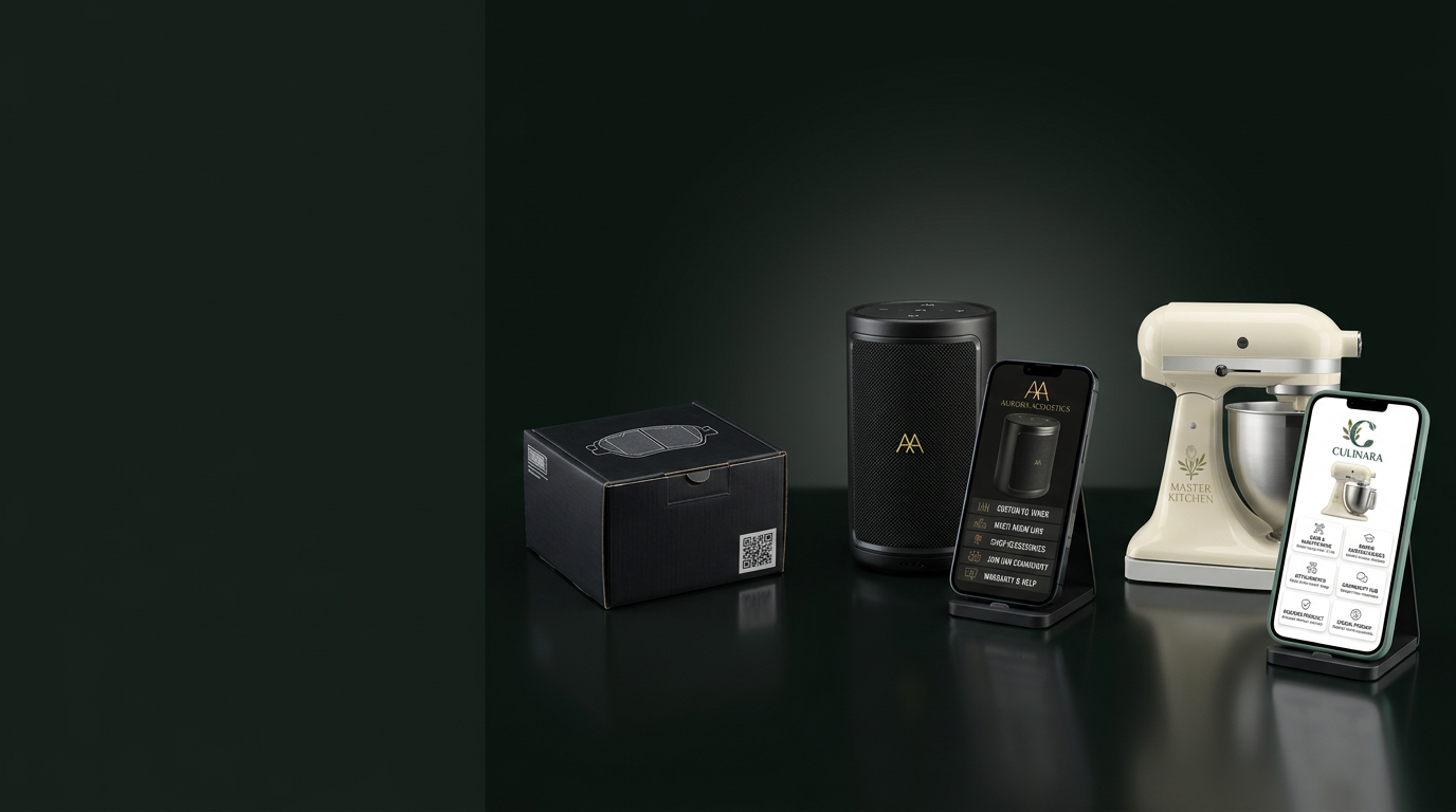 Illustrative connected product experiences for a boxed spare part, a speaker and a kitchen mixer