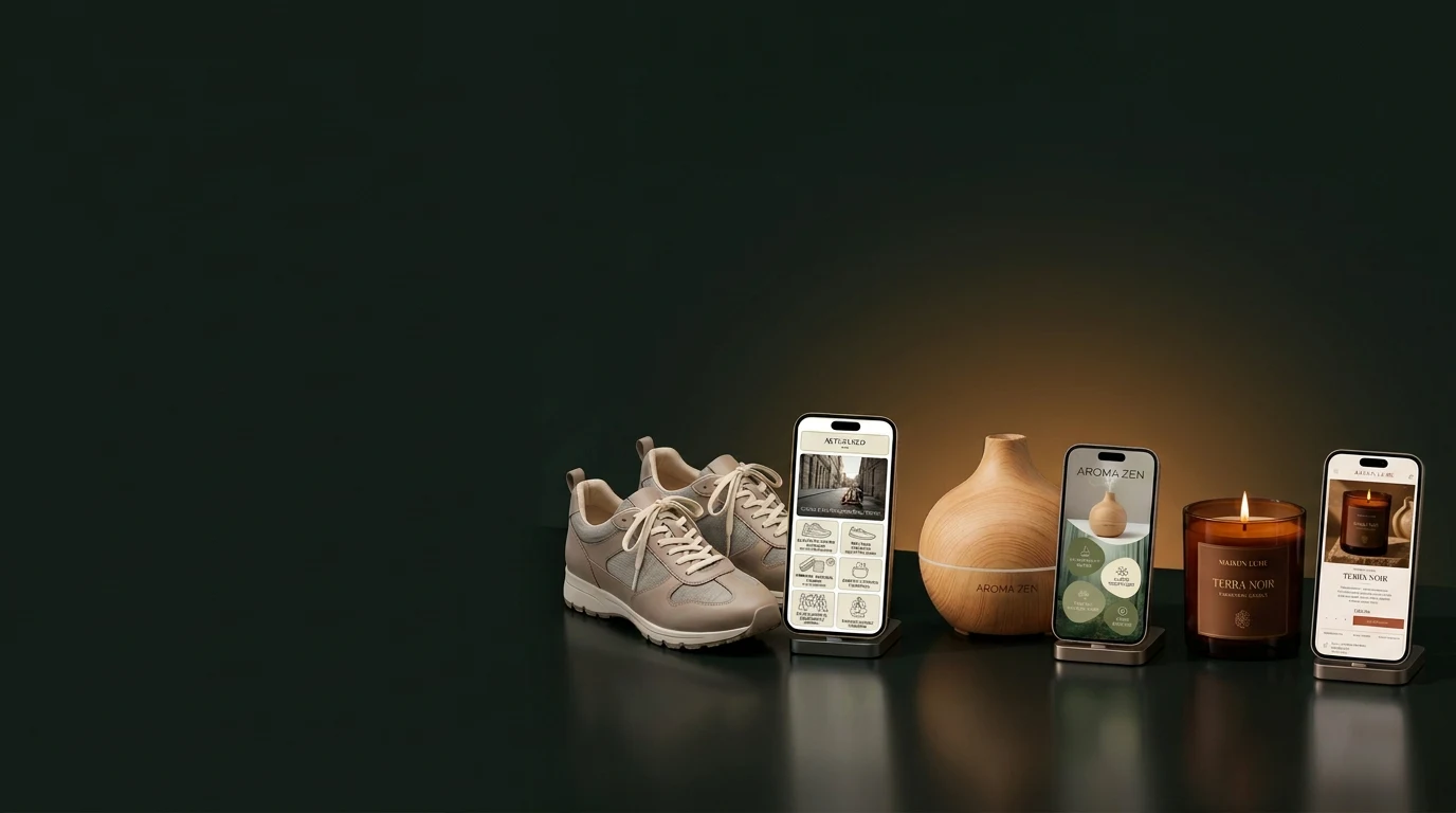Illustrative connected product experiences for trainers, an aroma diffuser and a scented candle