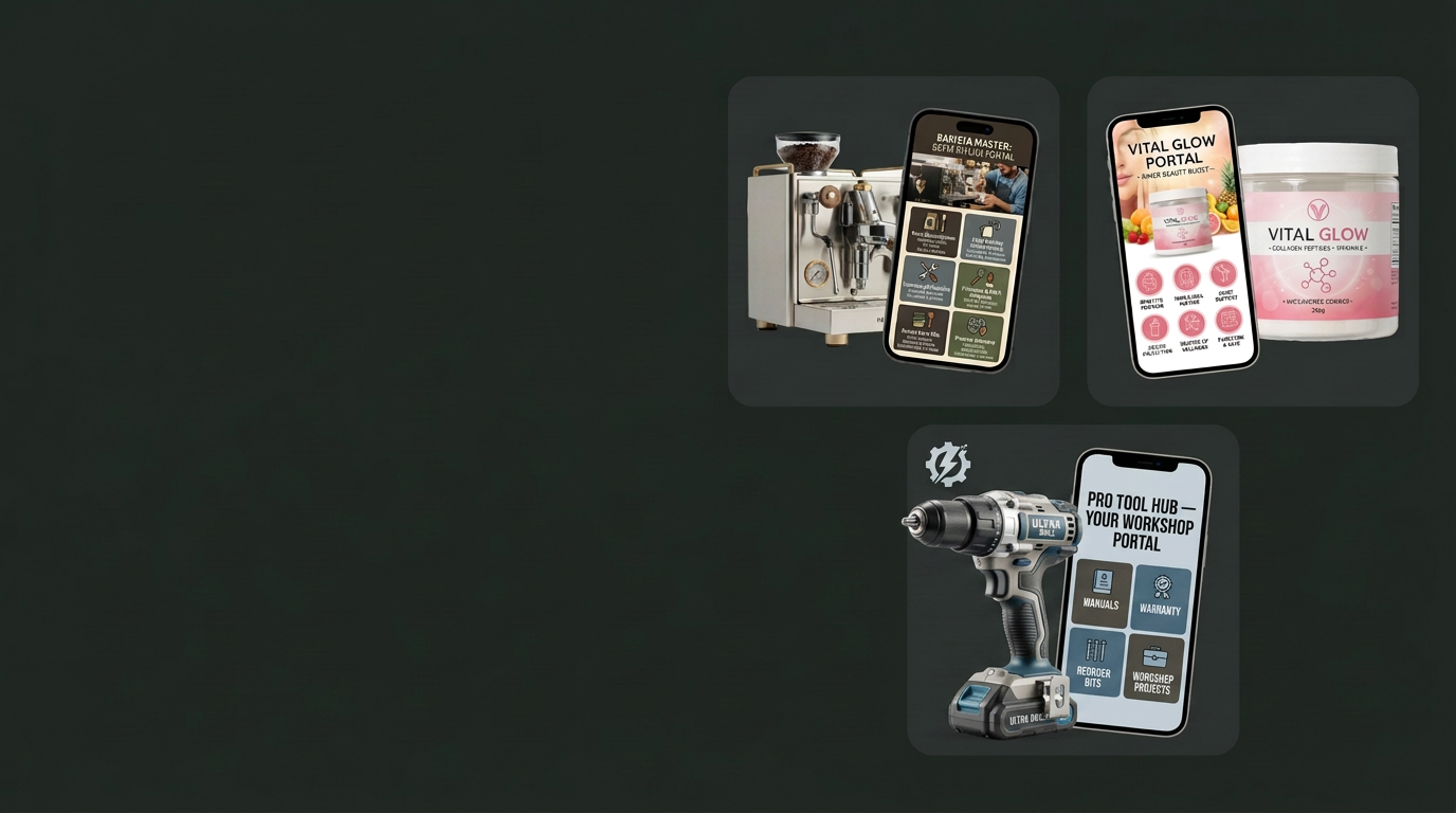 Illustrative connected product experiences for a coffee machine, a collagen supplement and a power drill