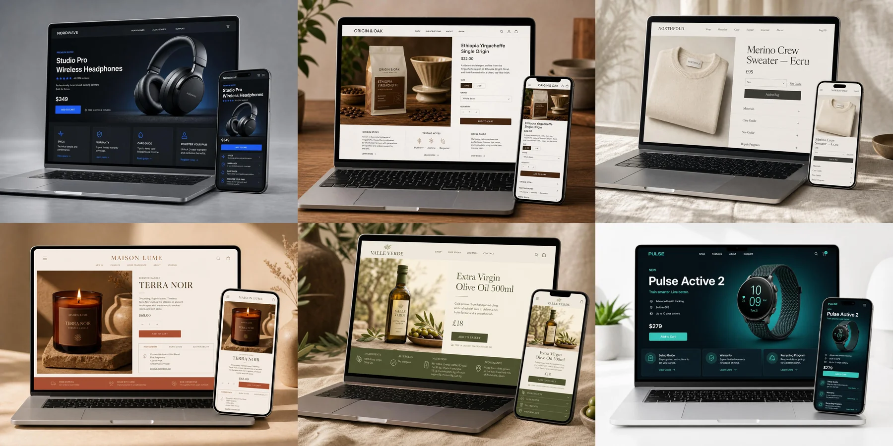 Illustrative connected product pages for headphones, coffee, clothing, home fragrance, food and a smartwatch