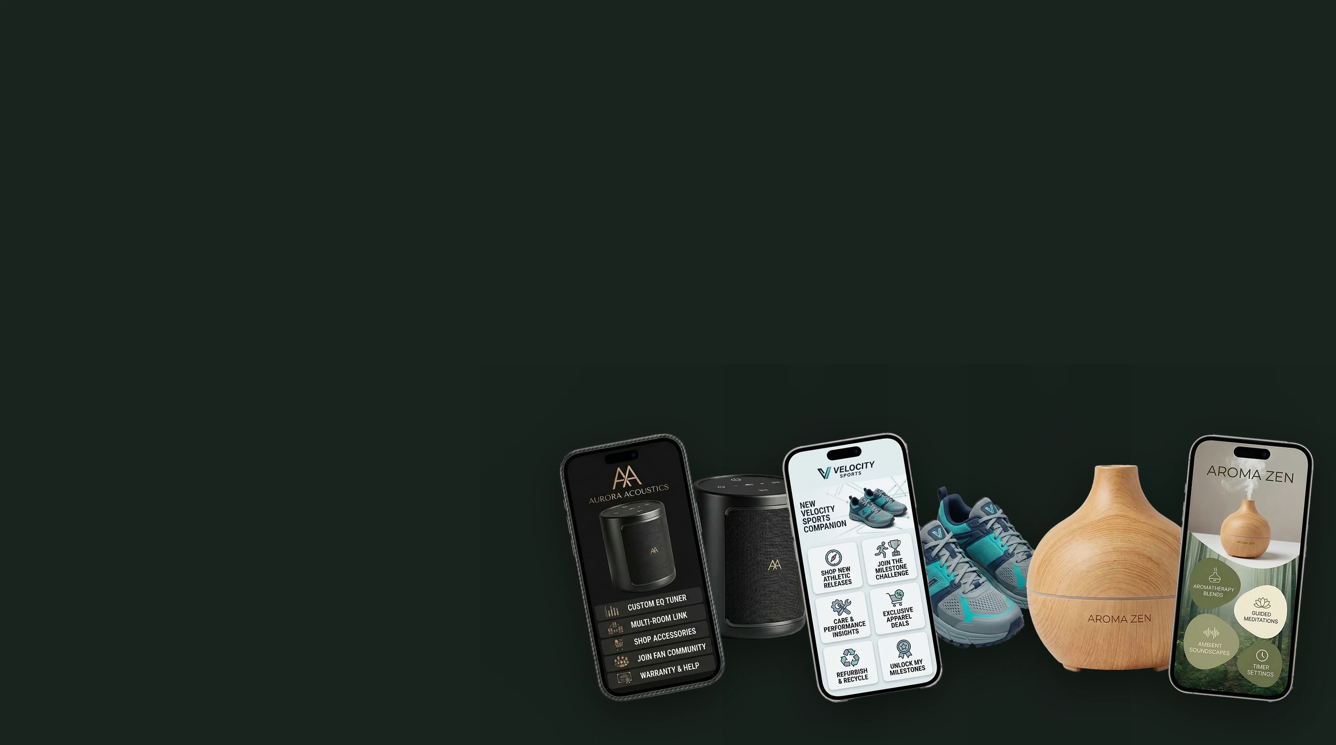 Illustrative connected product experiences for a speaker, footwear and home fragrance