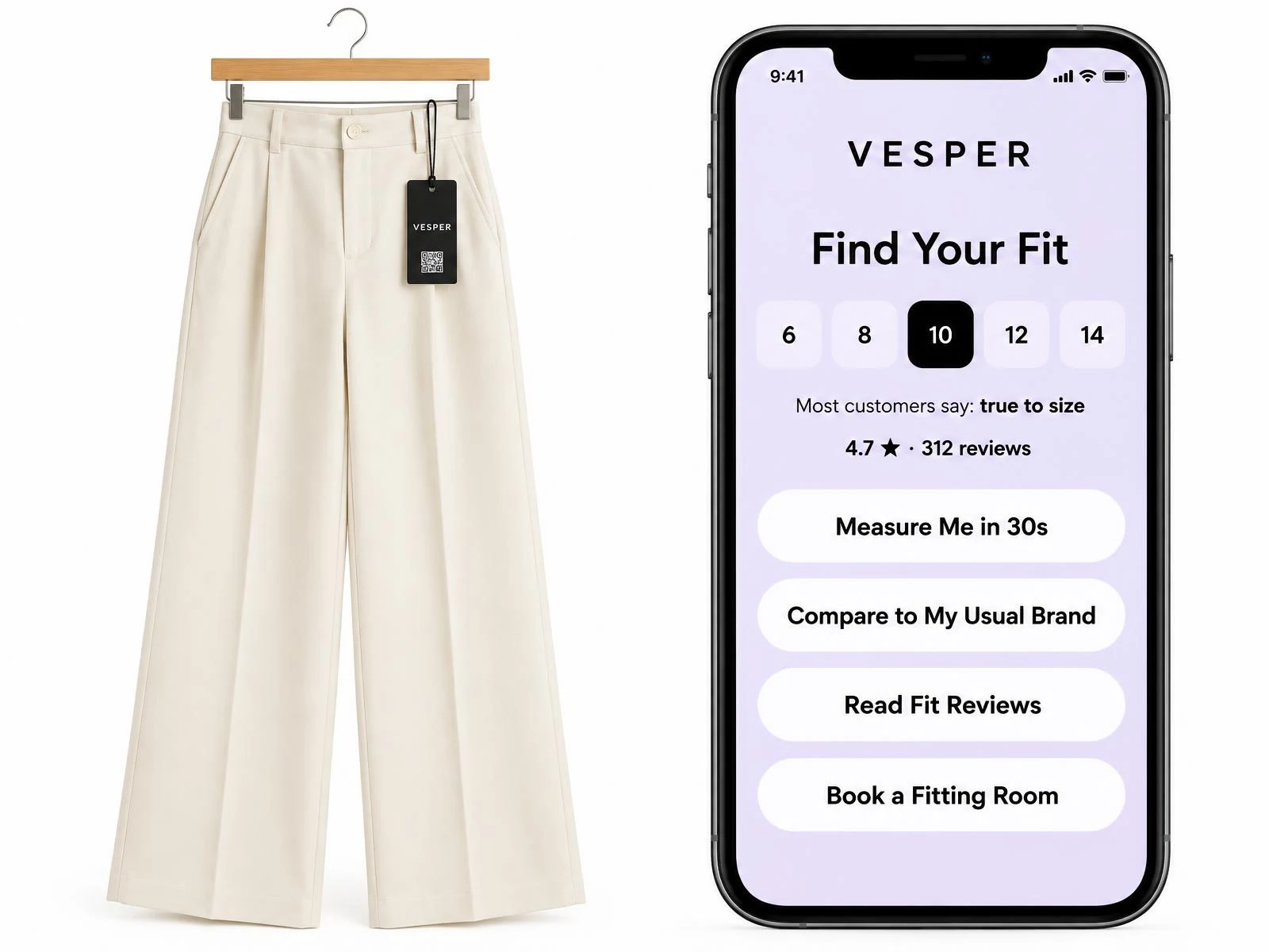 Cream Vesper wide-leg trousers with a black QR swing tag beside a lilac phone portal showing size chips, true-to-size rating, measure me, compare brands, fit reviews and book a fitting room