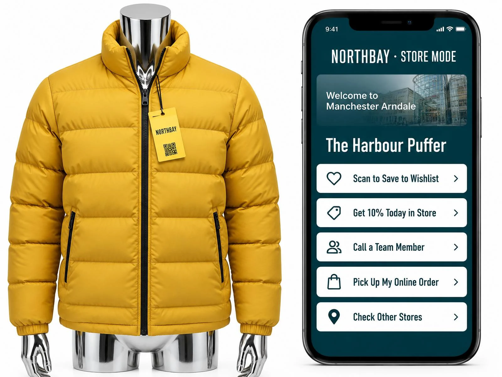 Mustard Northbay puffer jacket on a mannequin with a yellow QR swing tag beside a teal store-mode portal with wishlist, in-store offer, call a team member, online order pickup and other stores