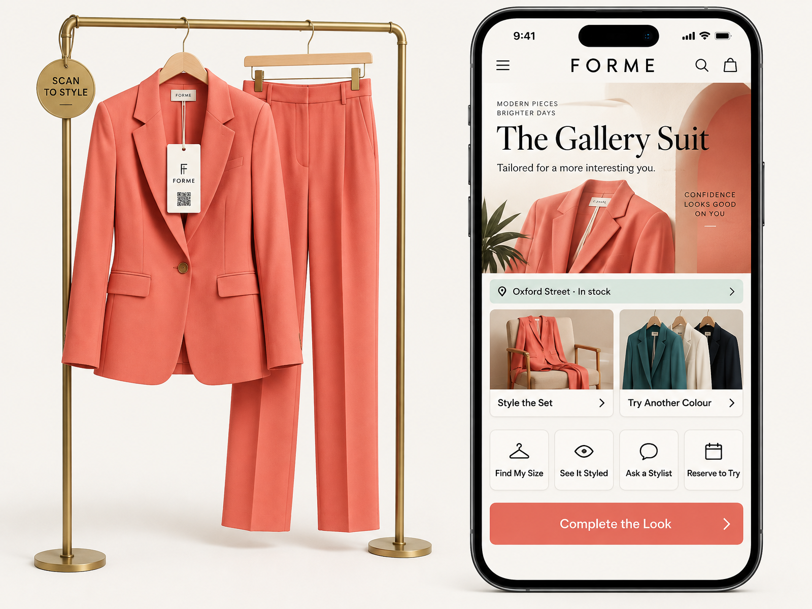 Coral Forme suit on a boutique rail with a branded QR hang tag beside a complete phone portal showing stock, styling, size, stylist and reservation actions