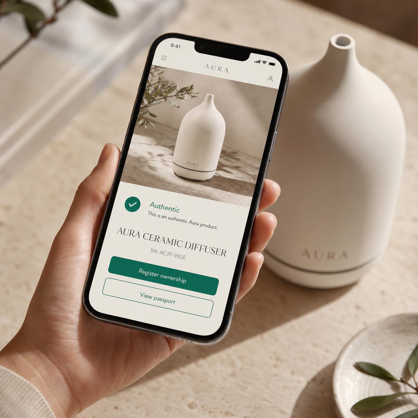A hand holding a smartphone showing a SmartLinks product portal with an Authentic checkmark, next to a premium ceramic diffuser