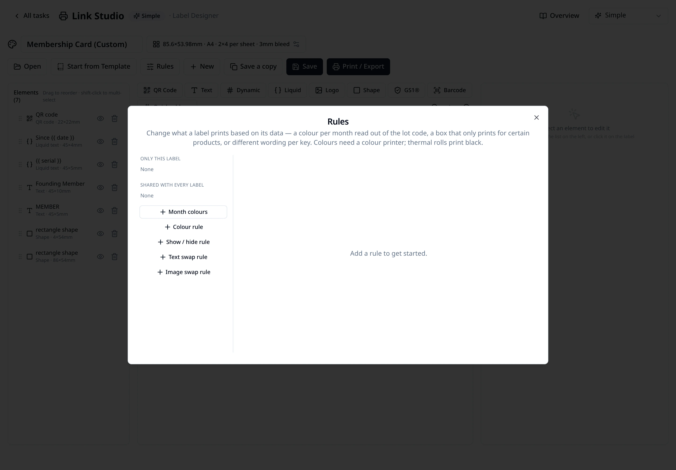 Print Studio rules dialog for changing label content according to live product data