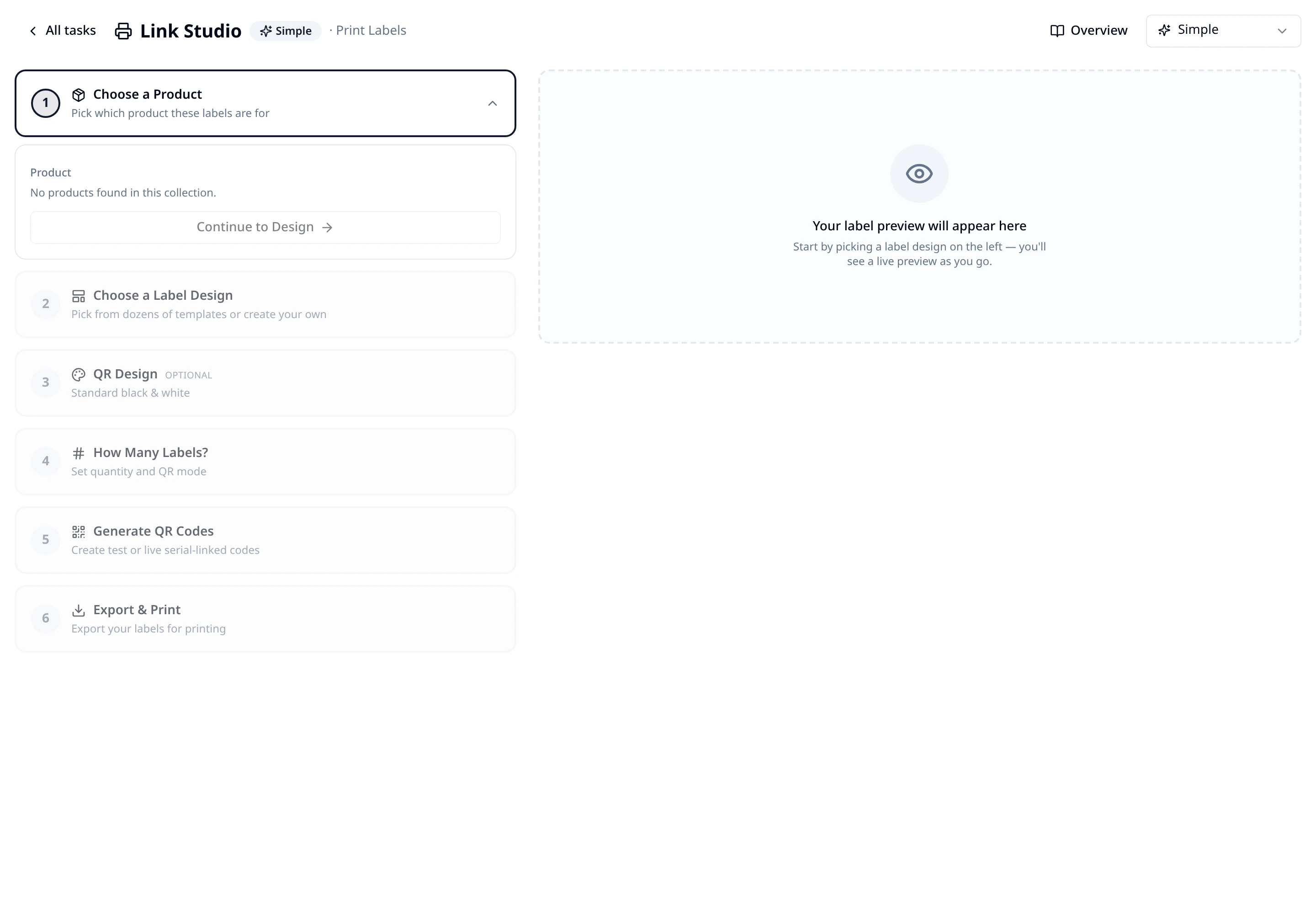 Print Studio six-step printing flow with product selection steps and a live label preview