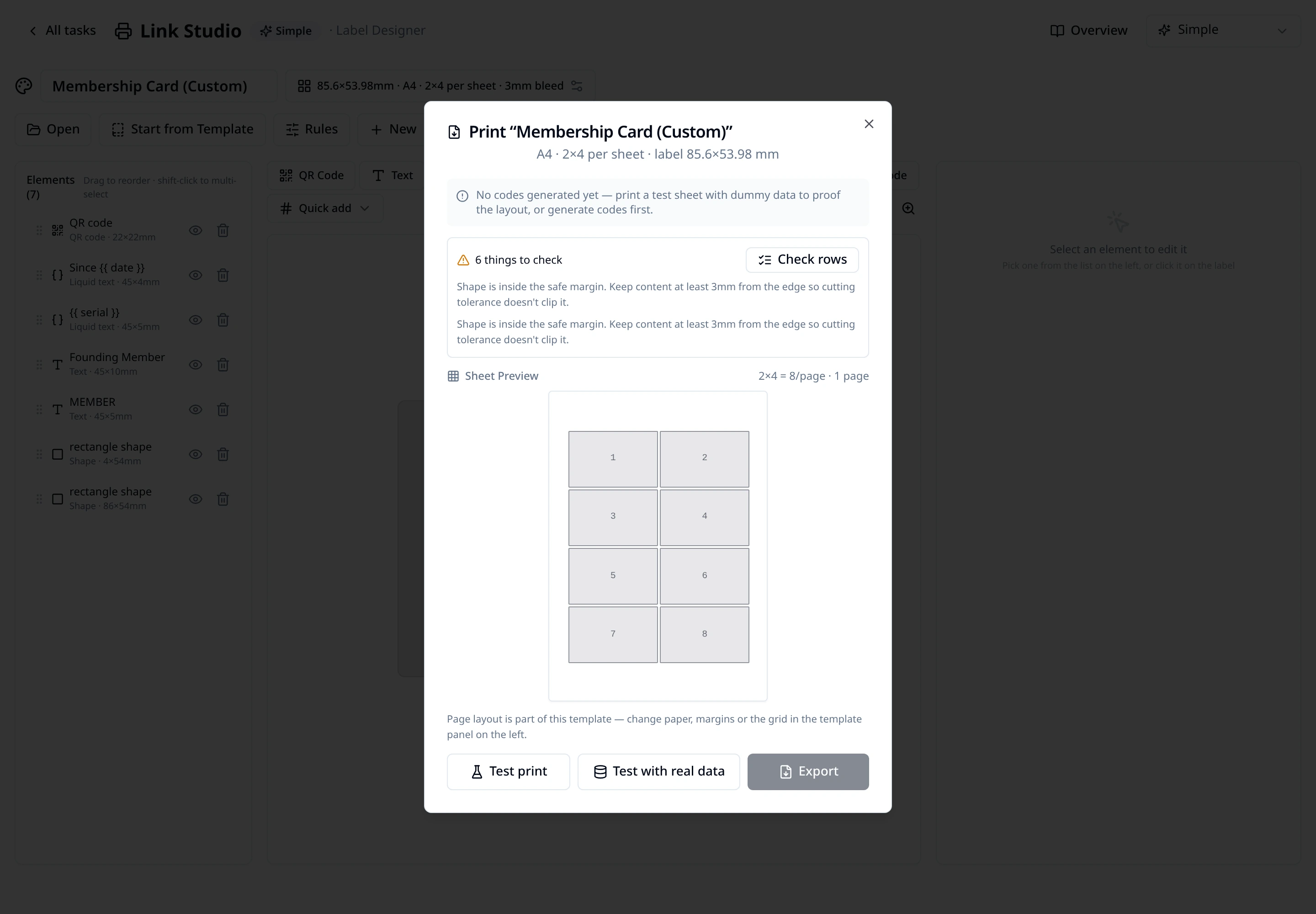 Print Studio export dialog showing pre-flight checks and a sheet of labels ready to print