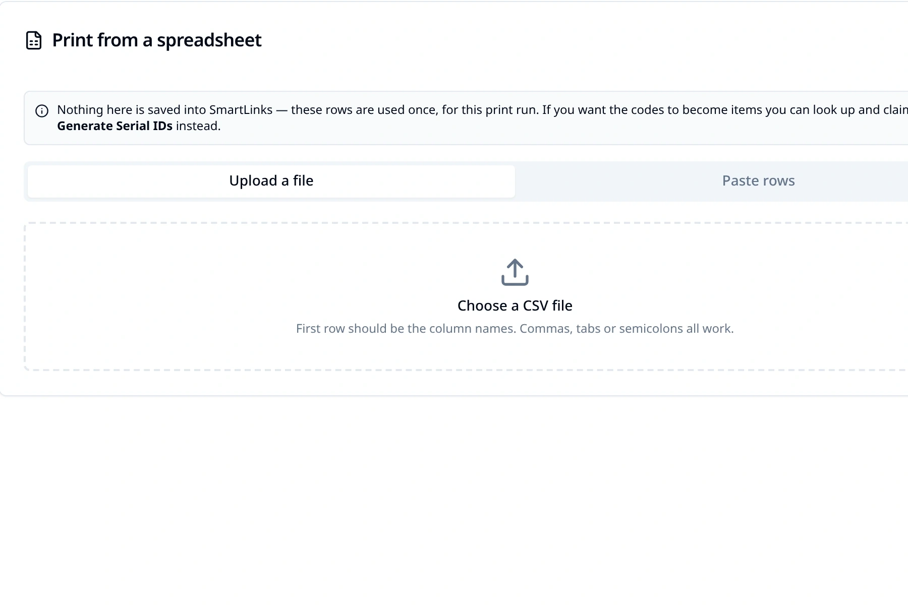 Close-up of the Print Studio spreadsheet upload panel with file and pasted-row options