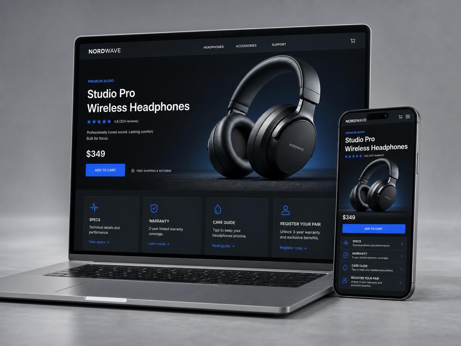 SmartLinks Hub headphones product page shown on desktop and mobile