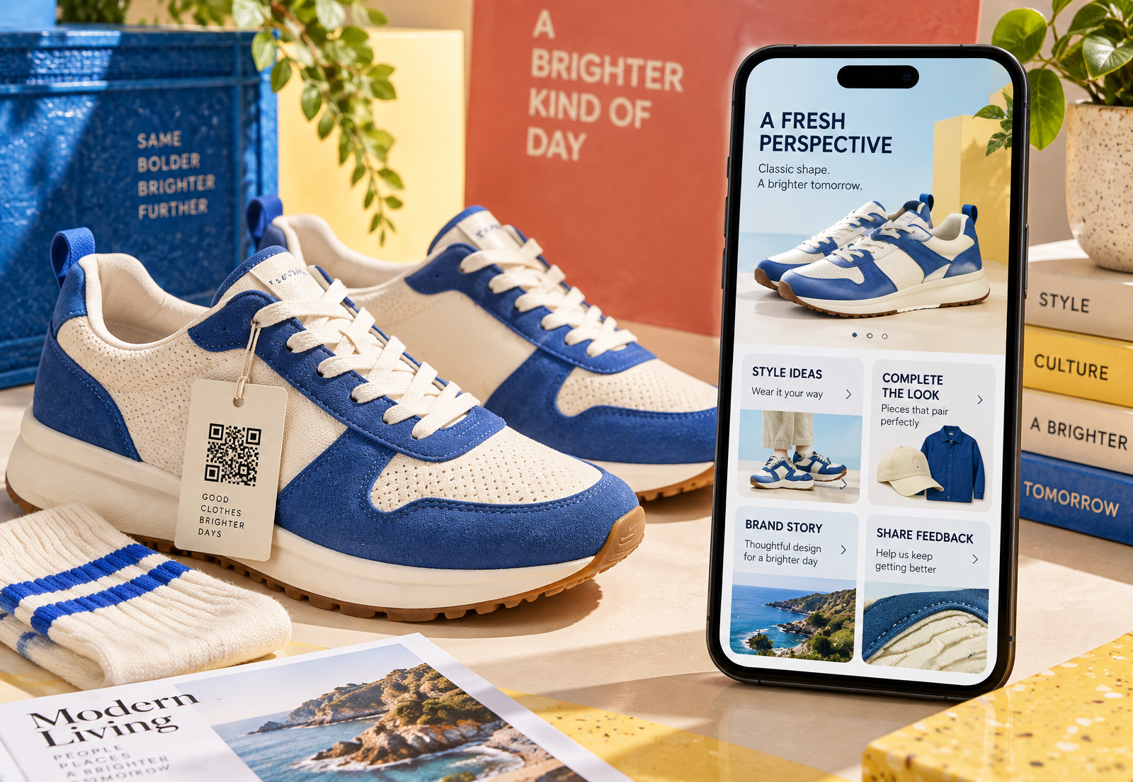 Blue and cream trainers with a QR hangtag beside a phone showing styling, matching-product and feedback modules