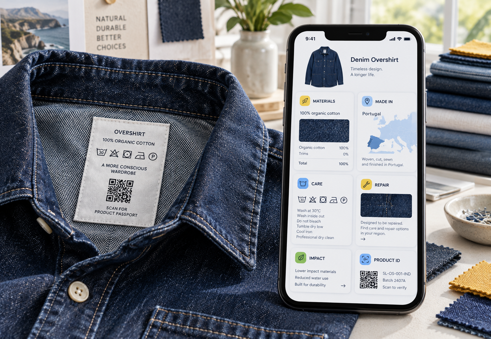 Denim overshirt with a sewn QR care label beside a phone showing materials, origin, care and repair information