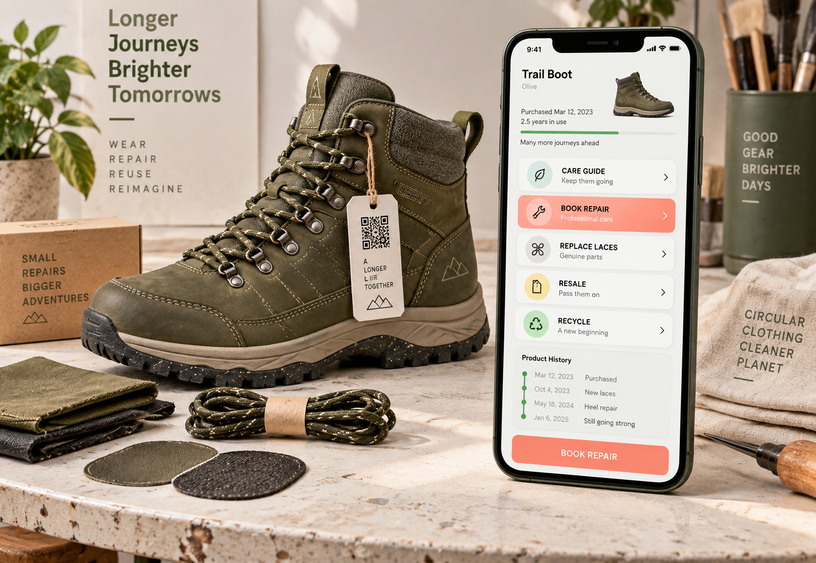 Olive walking boot and repair materials beside a phone showing care, repair, replacement, resale and recycling options