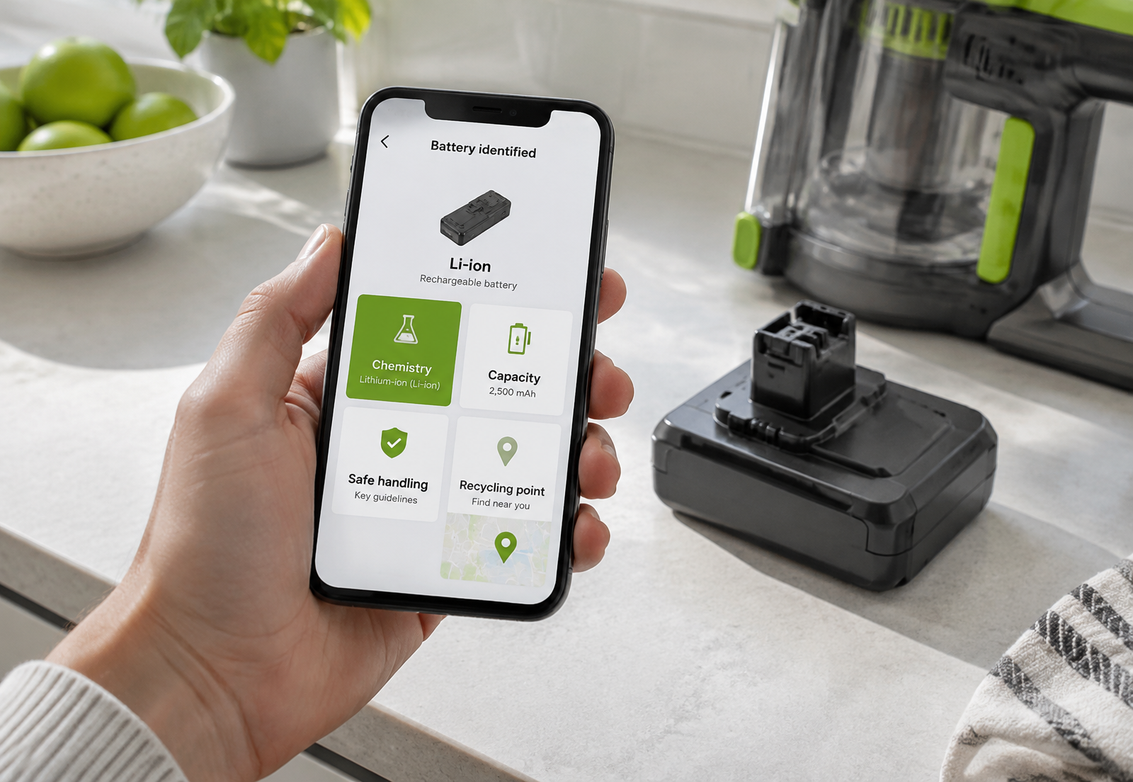 Hand holding a phone after scanning a removable vacuum battery, showing chemistry, capacity, safe handling and a nearby recycling point