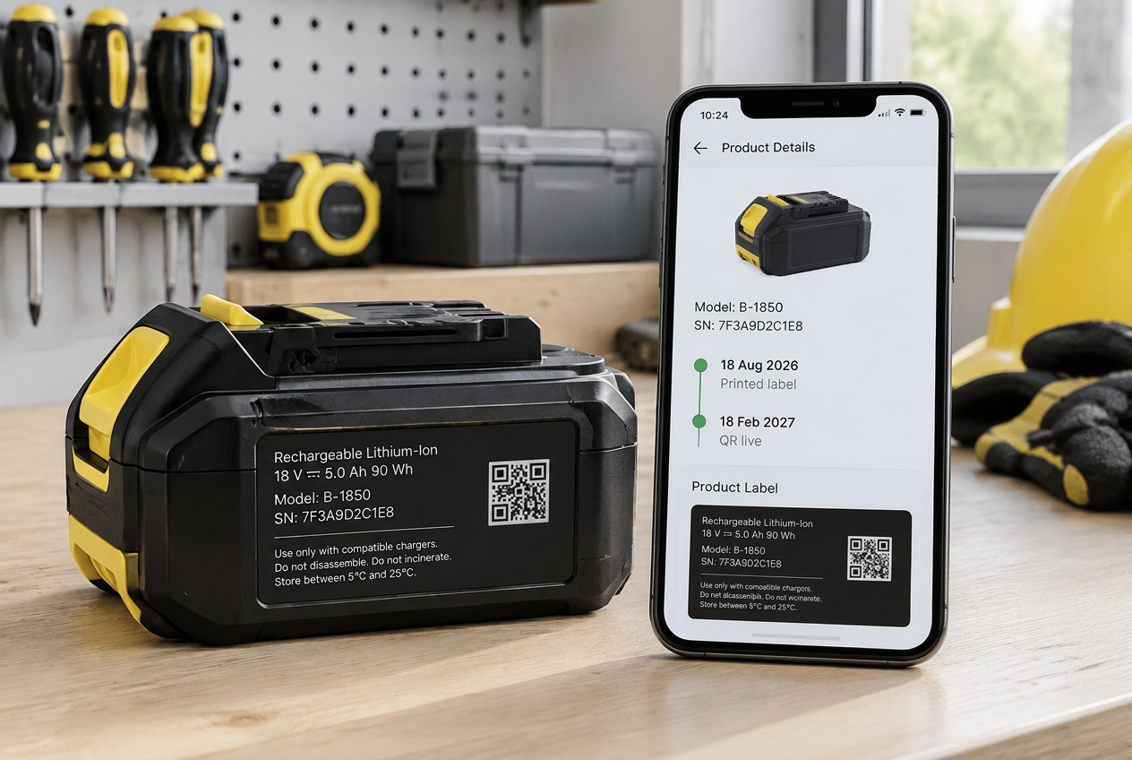Cordless power-tool battery with a printed label and QR code beside a phone showing the 18 Aug 2026 label and 18 Feb 2027 QR dates