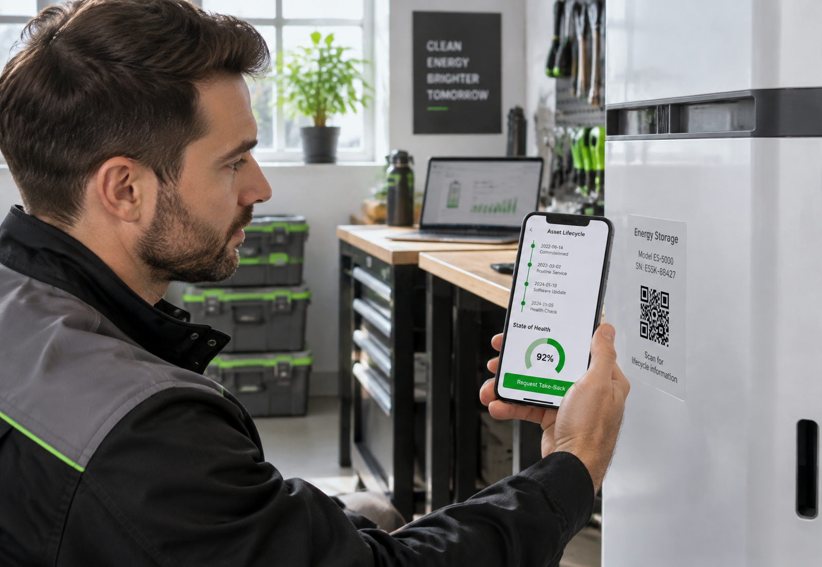Technician scanning the QR label on a home energy-storage unit, with a phone showing service history, state of health and a take-back option