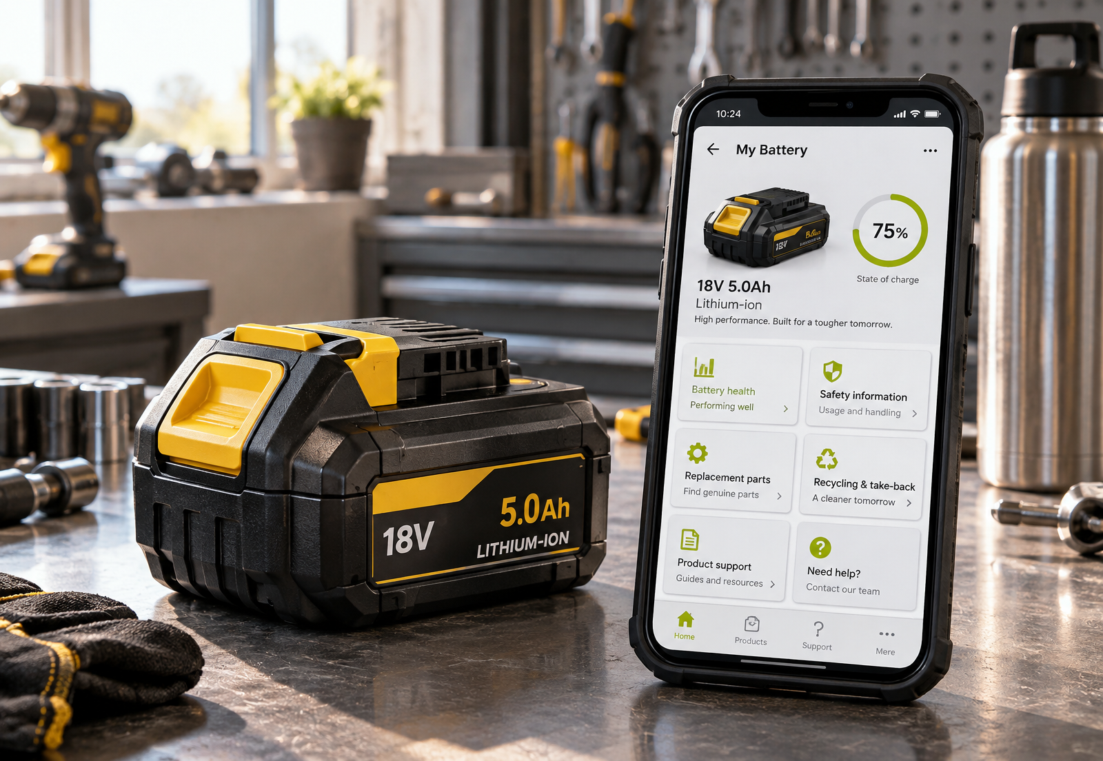 Cordless power-tool battery beside a mobile product record showing health, safety, parts and take-back options